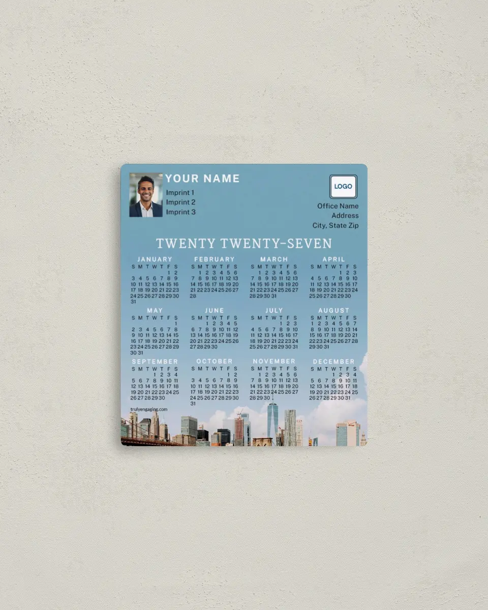 This is a 3½" x 4" Full Magnet Calendar called Skyline Splendor printed in full color with a Standard Gloss finish