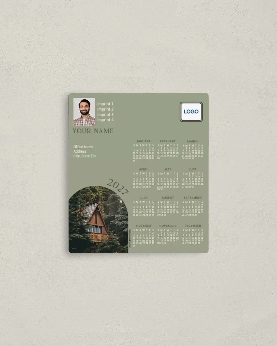 This is a 3½" x 4" Full Magnet Calendar called Cozy Cabin printed in full color with a Standard Gloss finish