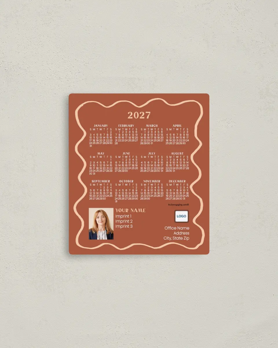 This is a 3½" x 4" Full Magnet Calendar called Playful Waves printed in full color with a Standard Gloss finish