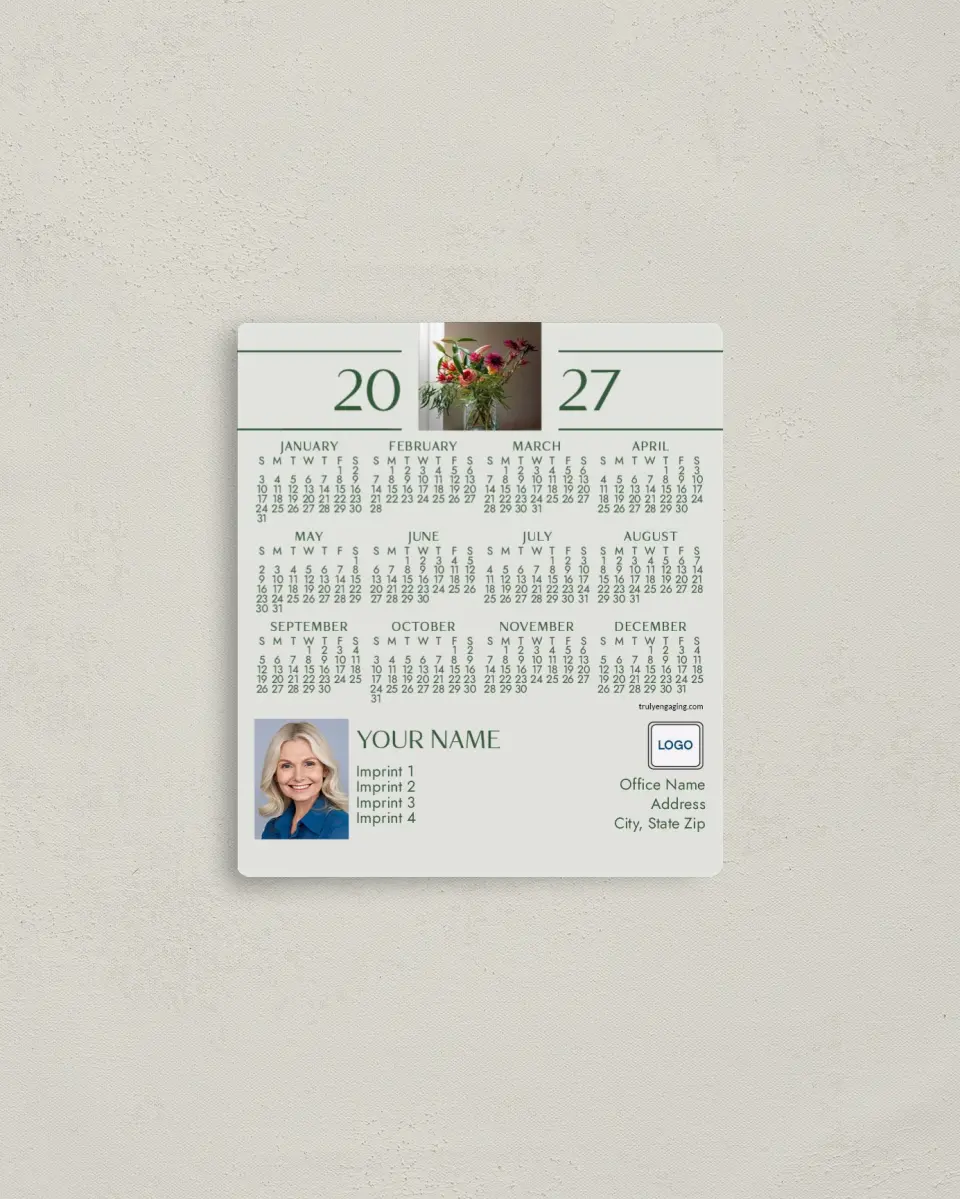 This is a 3½" x 4" Full Magnet Calendar called Garden Party printed in full color with a Standard Gloss finish