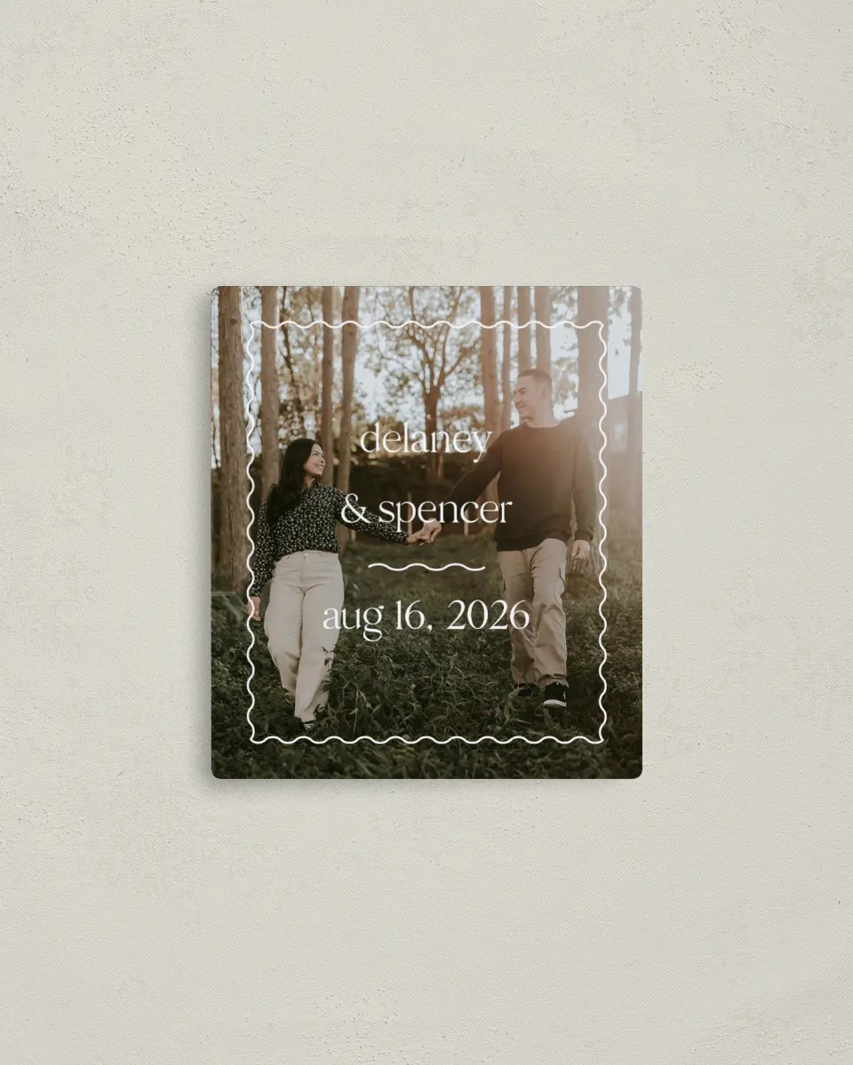 This is a 3½" x 4" Save the Date Magnet called The Delaney printed in full color with Rose Gold foil and a Luxe Satin finish
