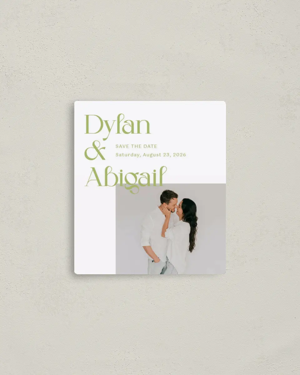 This is a 3½" x 4" Save the Date Magnet called The Abigail printed in full color with a Luxe Satin finish