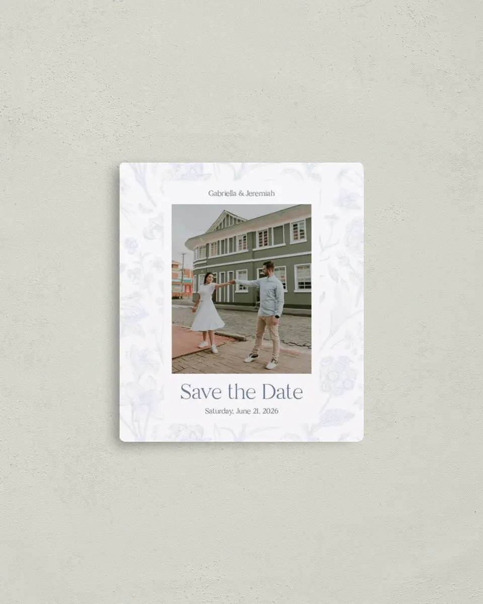 This is a 3½" x 4" Save the Date Magnet called The Gabriella printed in full color with a Luxe Satin finish