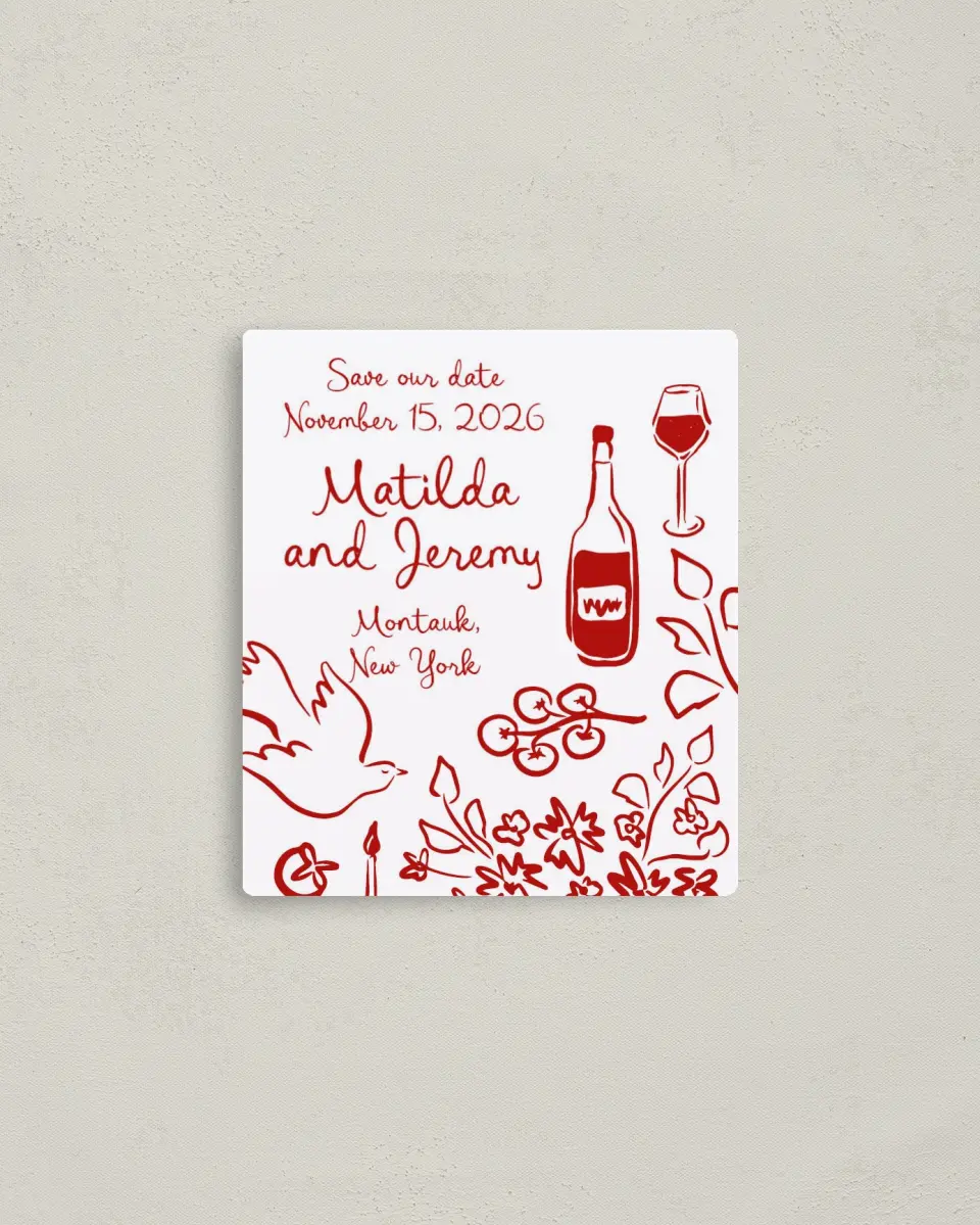 This is a 3½" x 4" Save the Date Magnet called Love Birds printed in full color with a Luxe Satin finish