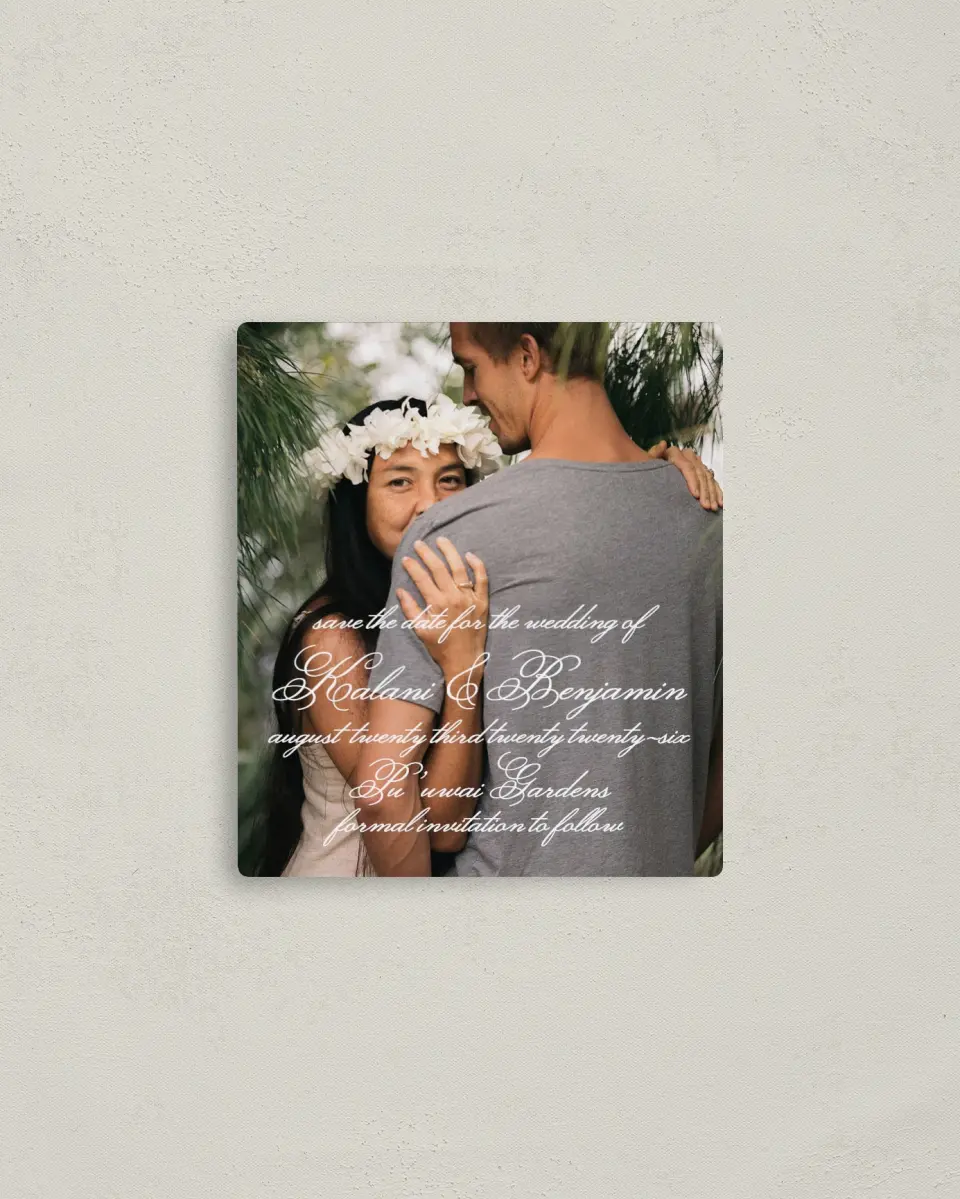This is a 3½" x 4" Save the Date Magnet called Aloha Amore printed in full color with a Luxe Satin finish