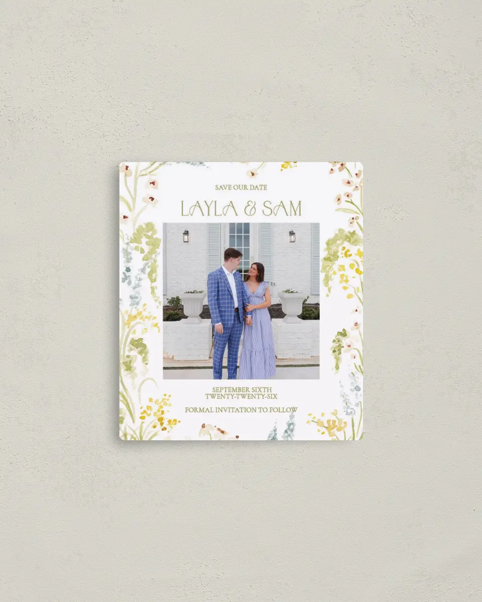 This is a 3½" x 4" Save the Date Magnet called Forever in Bloom printed in full color with a Luxe Satin finish