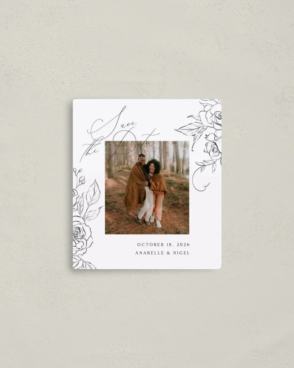 This is a 3½" x 4" Save the Date Magnet called The Anabelle printed in full color with a Luxe Satin finish