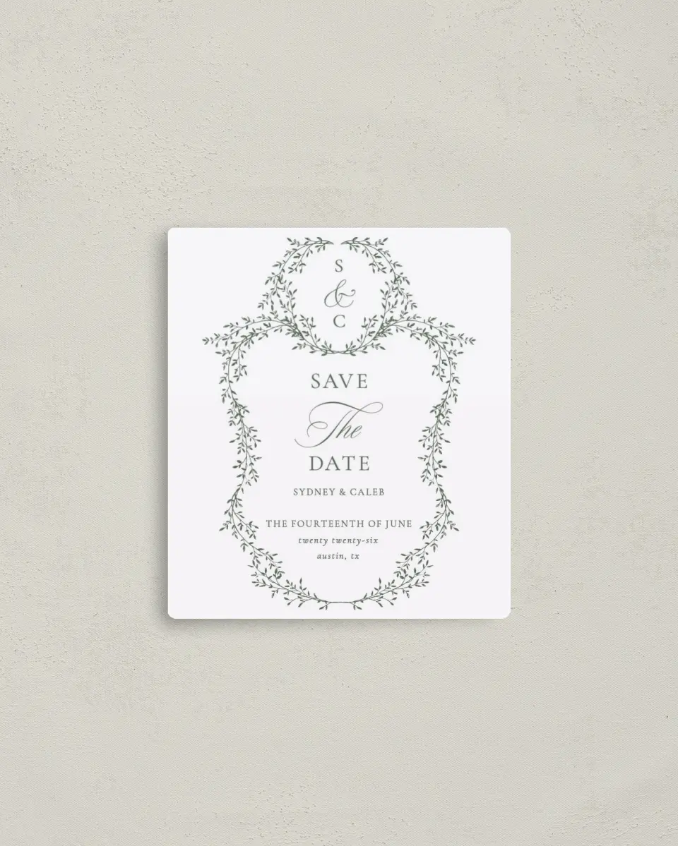 This is a 3½" x 4" Save the Date Magnet called Elegant Frame printed in full color with a Luxe Satin finish