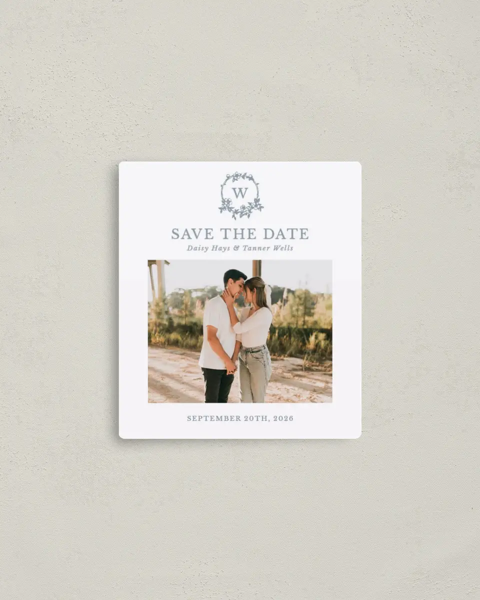 This is a 3½" x 4" Save the Date Magnet called Flowering Frame printed in full color with a Luxe Satin finish