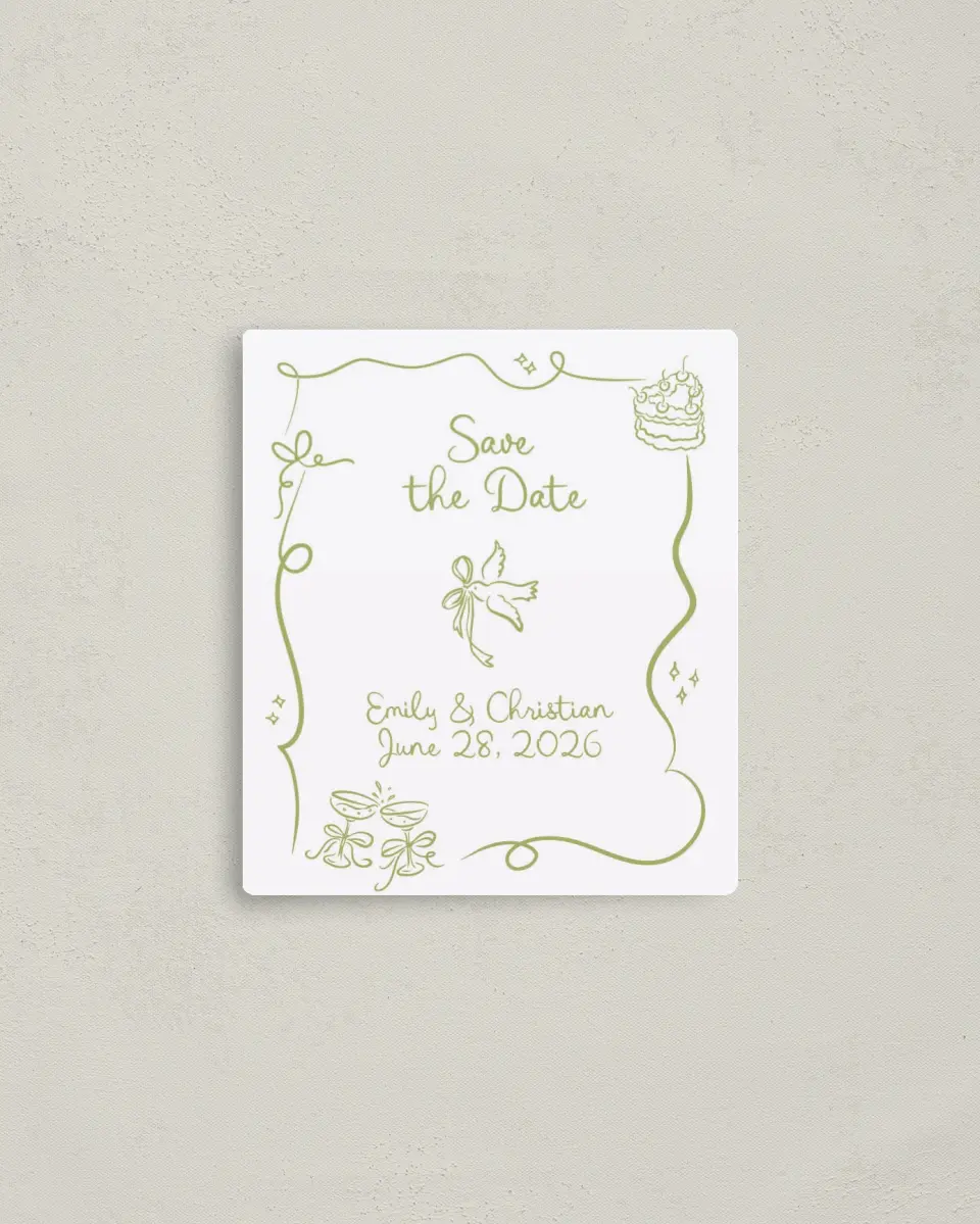 This is a 3½" x 4" Save the Date Magnet called Wedding Whimsy printed in full color with a Luxe Satin finish