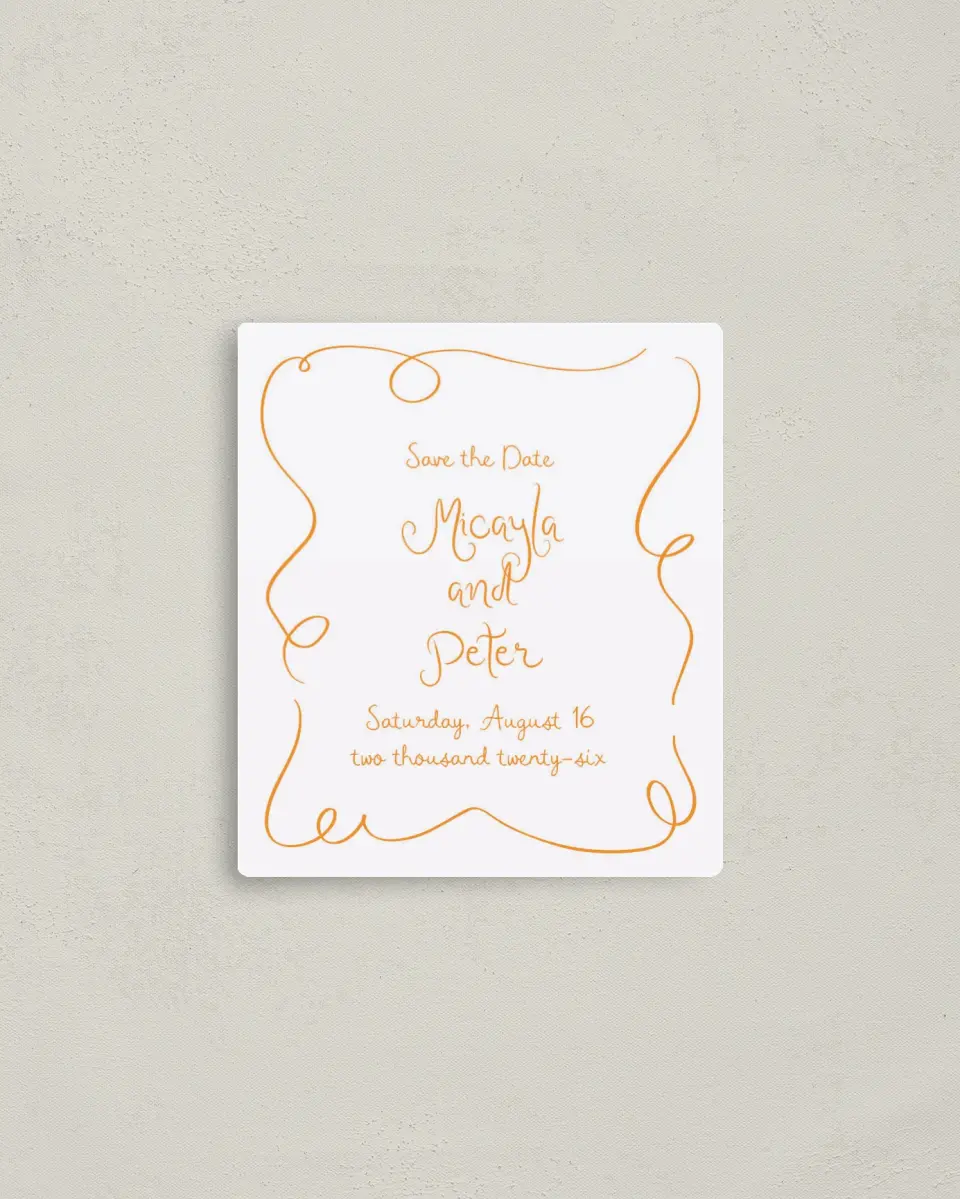 This is a 3½" x 4" Save the Date Magnet called The Micayla printed in full color with a Luxe Satin finish
