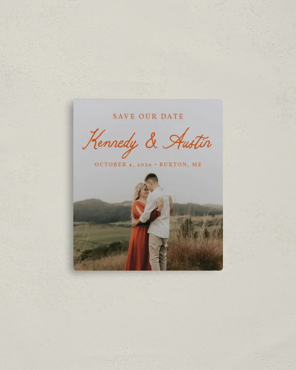 This is a 3½" x 4" Save the Date Magnet called The Kennedy printed in full color with a Luxe Satin finish