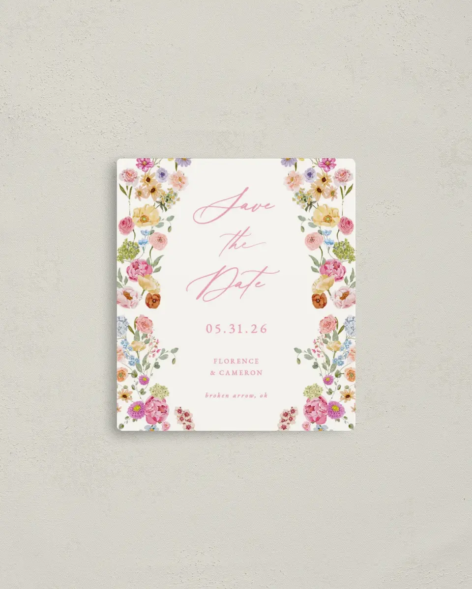 This is a 3½" x 4" Save the Date Magnet called The Florence printed in full color with a Luxe Satin finish