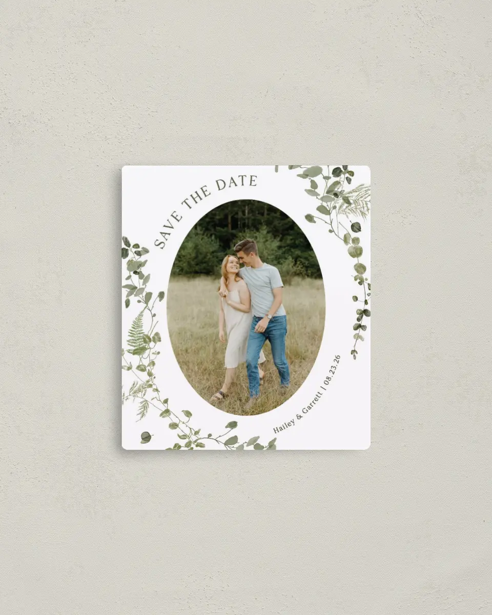 This is a 3½" x 4" Save the Date Magnet called The Hailey printed in full color with a Luxe Satin finish