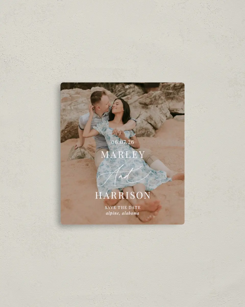 This is a 3½" x 4" Save the Date Magnet called Blue Blossoms printed in full color with a Luxe Satin finish