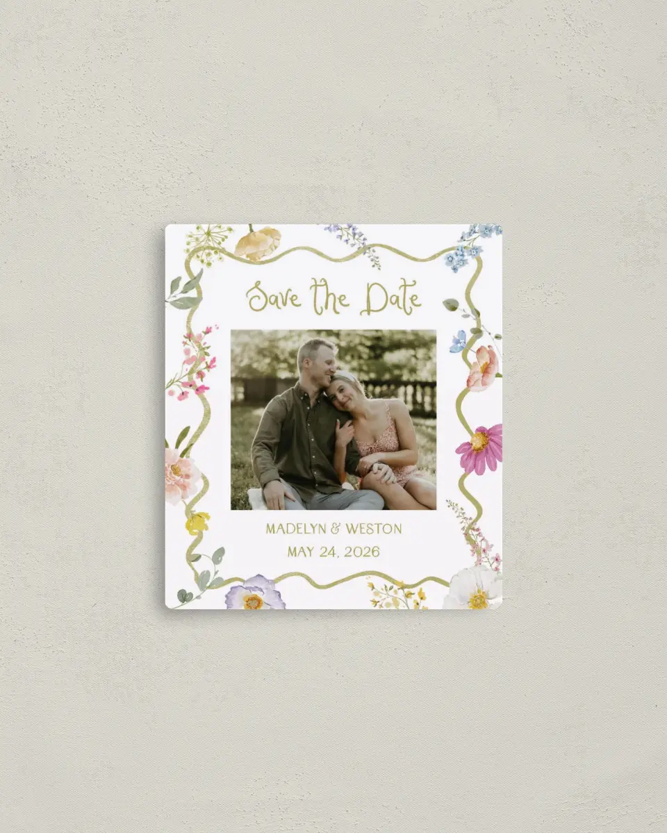 This is a 3½" x 4" Save the Date Magnet called Whimsical Garden printed in full color with a Luxe Satin finish