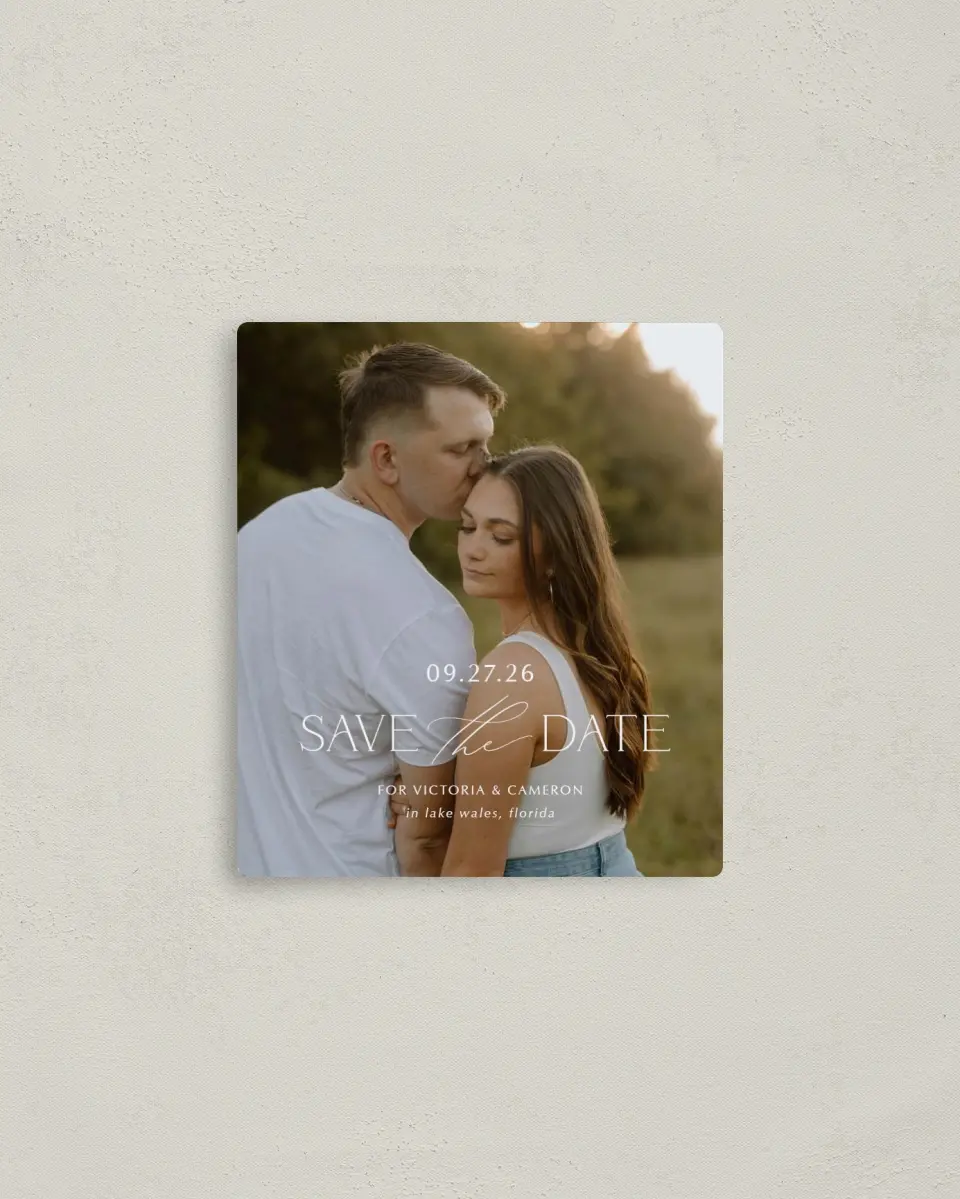 This is a 3½" x 4" Save the Date Magnet called The Victoria printed in full color with a Luxe Satin finish