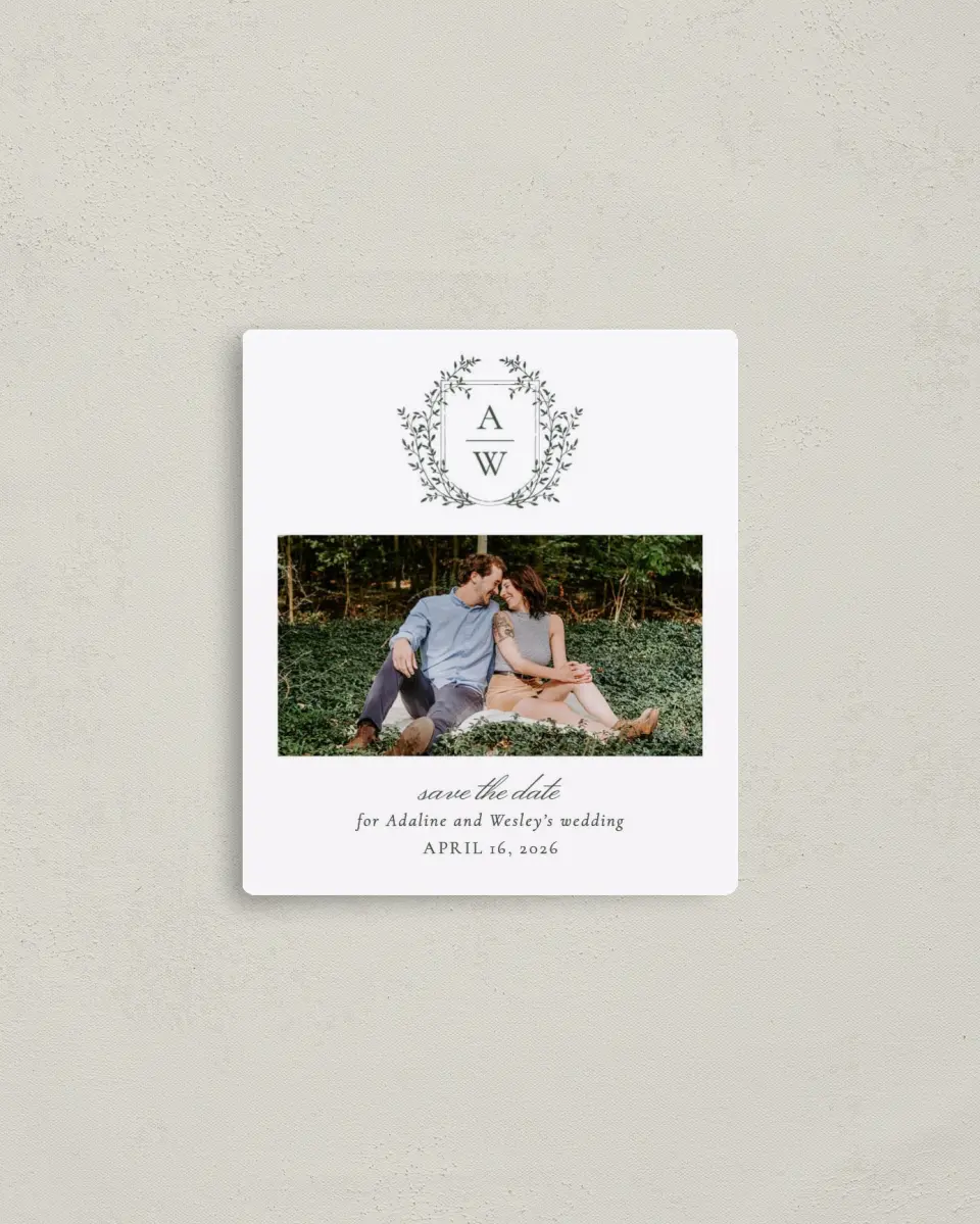This is a 3½" x 4" Save the Date Magnet called The Adaline printed in full color with a Luxe Satin finish