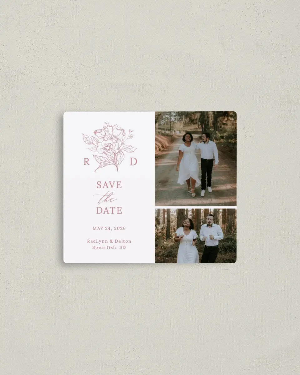 This is a 3½" x 4" Save the Date Magnet called Blushing Rose printed in full color with a Luxe Satin finish