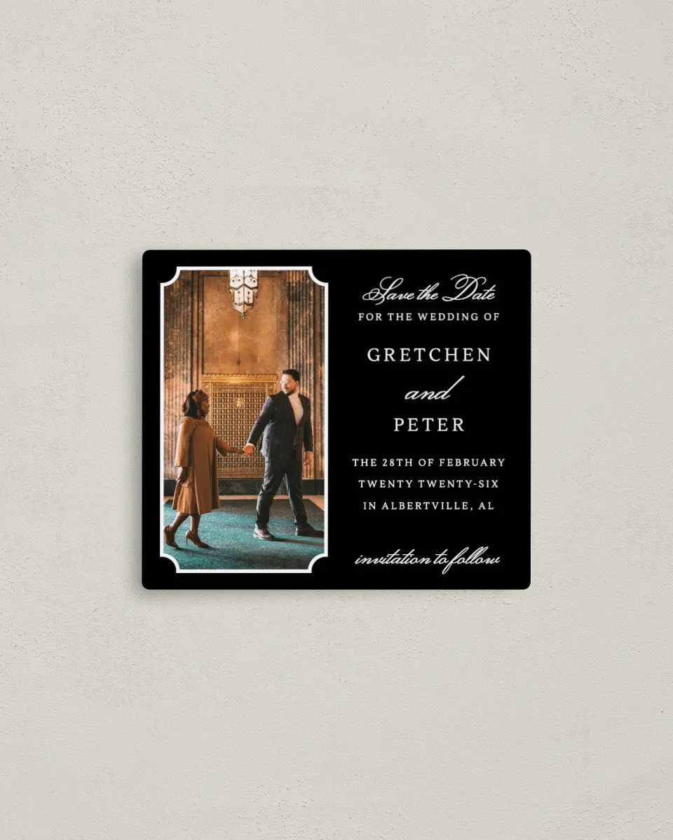 This is a 3½" x 4" Save the Date Magnet called Elegant Tradition printed in full color with a Luxe Satin finish