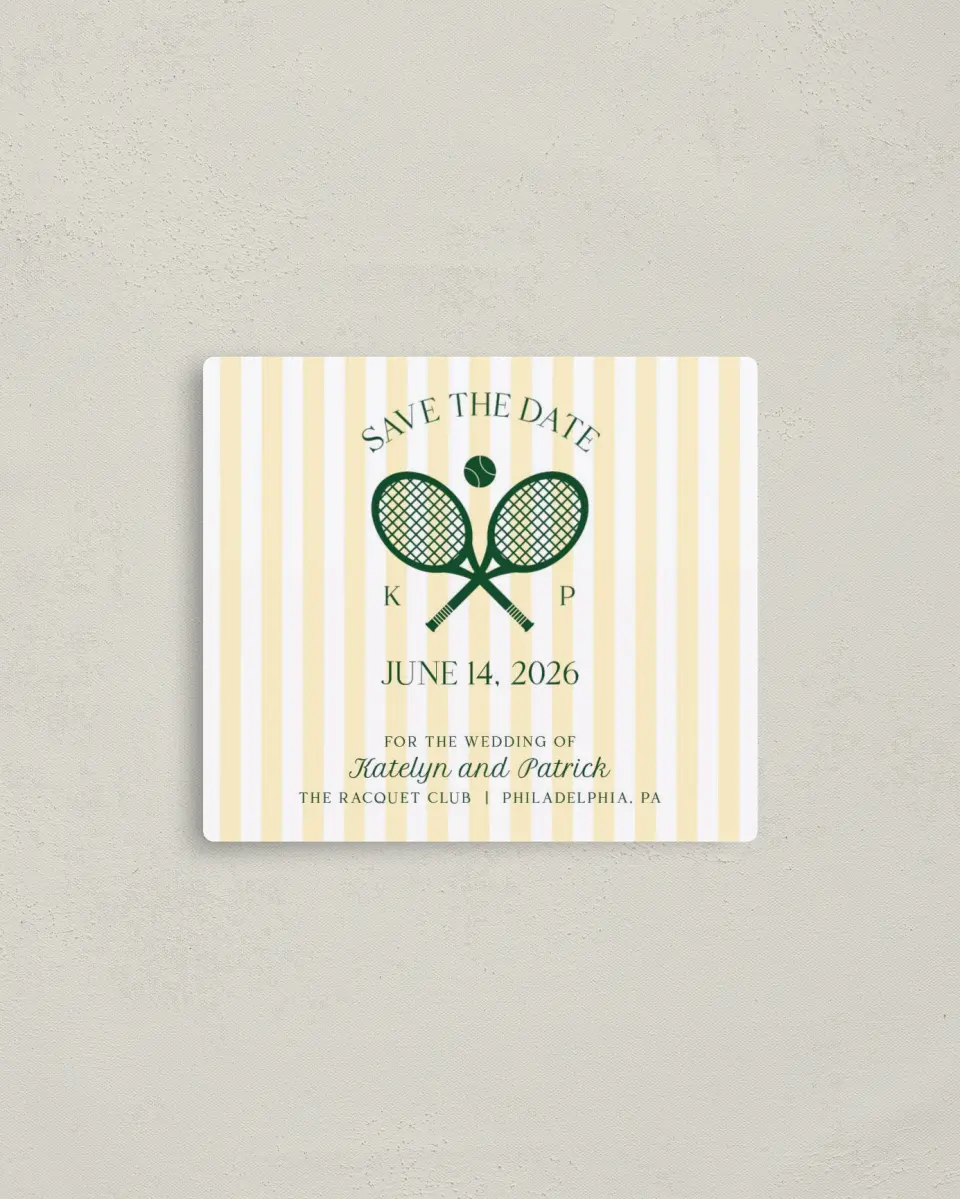 This is a 3½" x 4" Save the Date Magnet called A Perfect Match printed in full color with Silver foil and a Luxe Satin finish