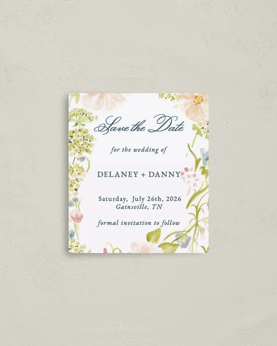 This is a 3½" x 4" Save the Date Magnet called Garden of Vows printed in full color with a Luxe Satin finish