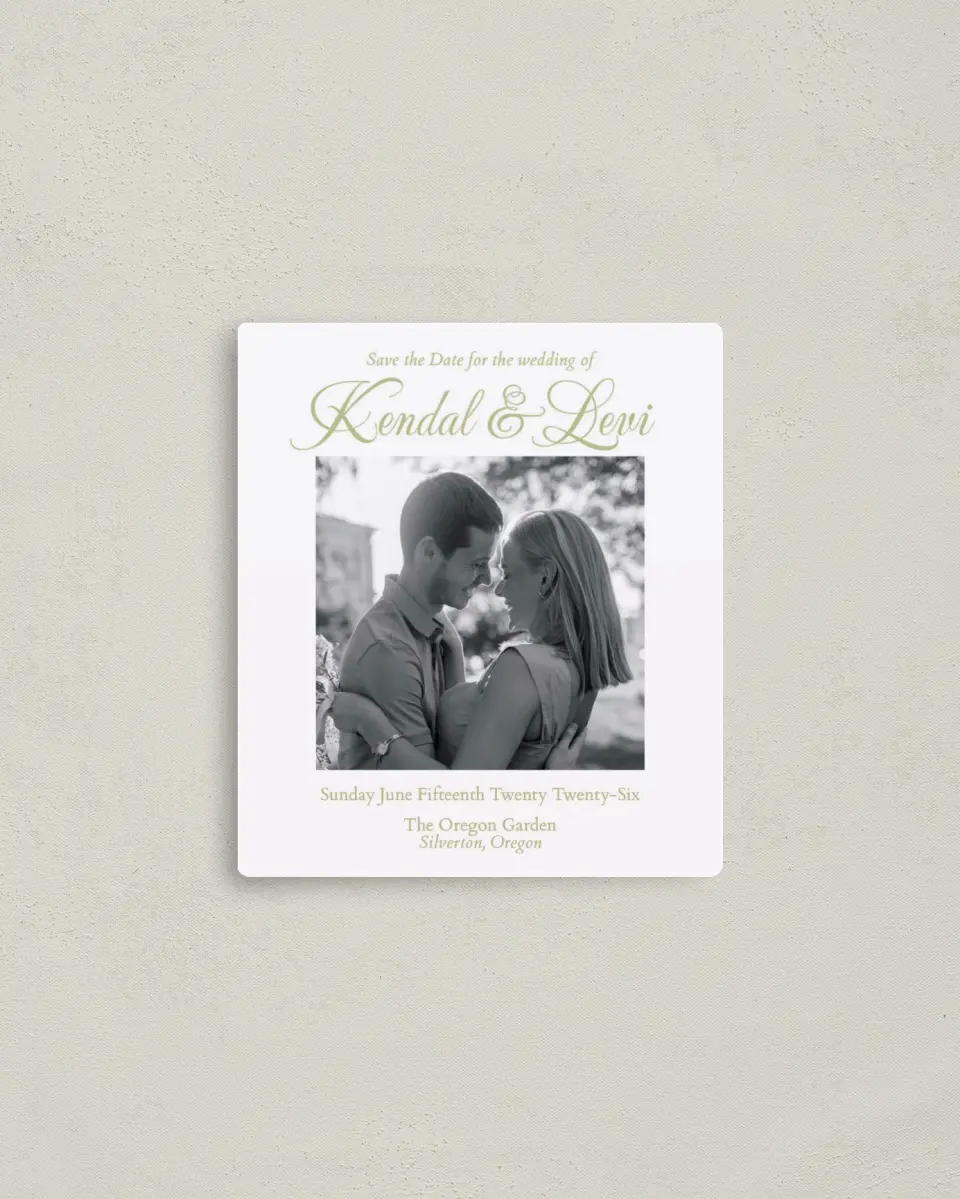 This is a 3½" x 4" Save the Date Magnet called Southern Belle printed in full color with a Luxe Satin finish