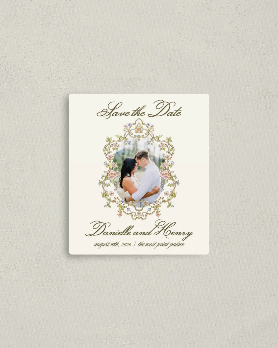 This is a 3½" x 4" Save the Date Magnet called Ever After printed in full color with a Luxe Satin finish