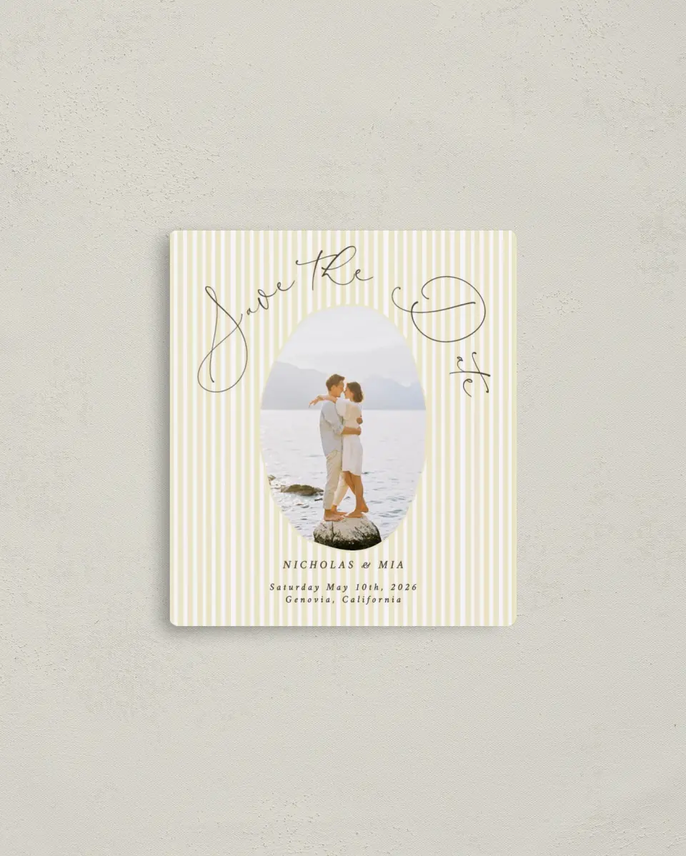 This is a 3½" x 4" Save the Date Magnet called Royal Glory printed in full color with a Luxe Satin finish