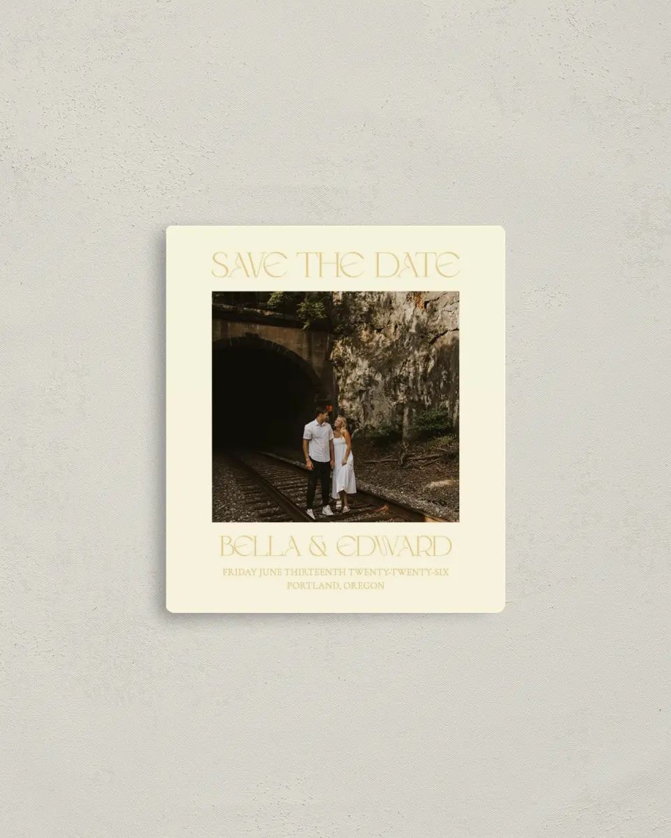 This is a 3½" x 4" Save the Date Magnet called Water Lily printed in full color with a Luxe Satin finish