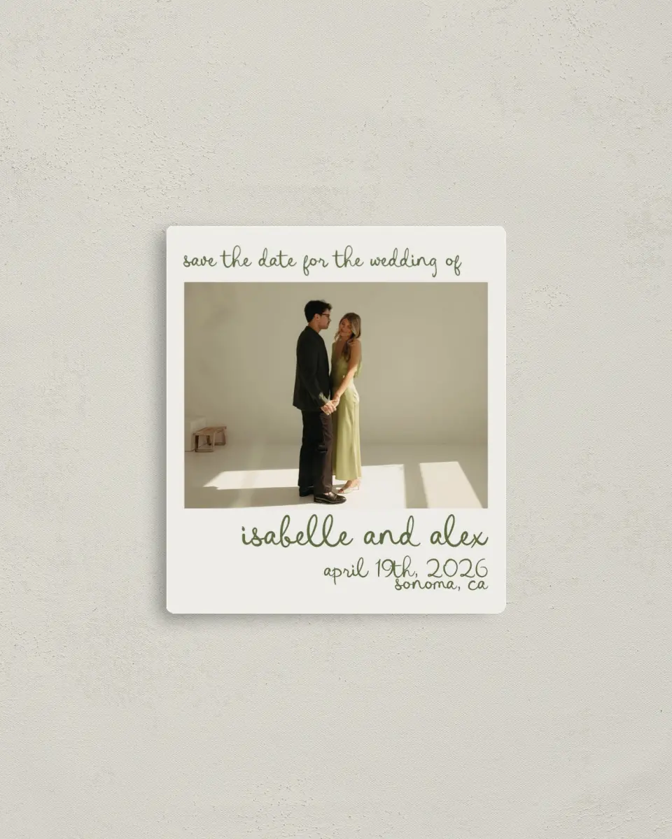 This is a 3½" x 4" Save the Date Magnet called Sweet Woodland printed in full color with a Luxe Satin finish