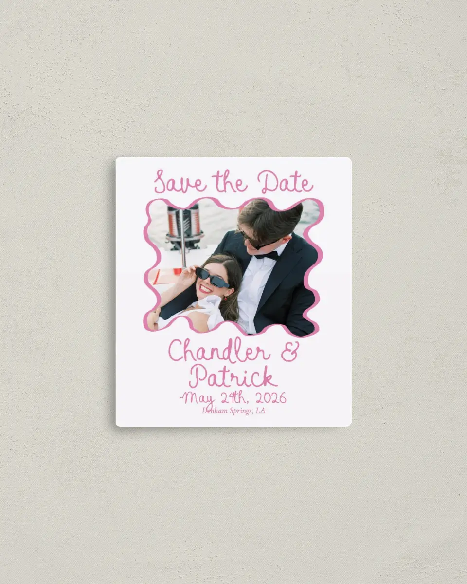 This is a 3½" x 4" Save the Date Magnet called Swan Love printed in full color with a Luxe Satin finish
