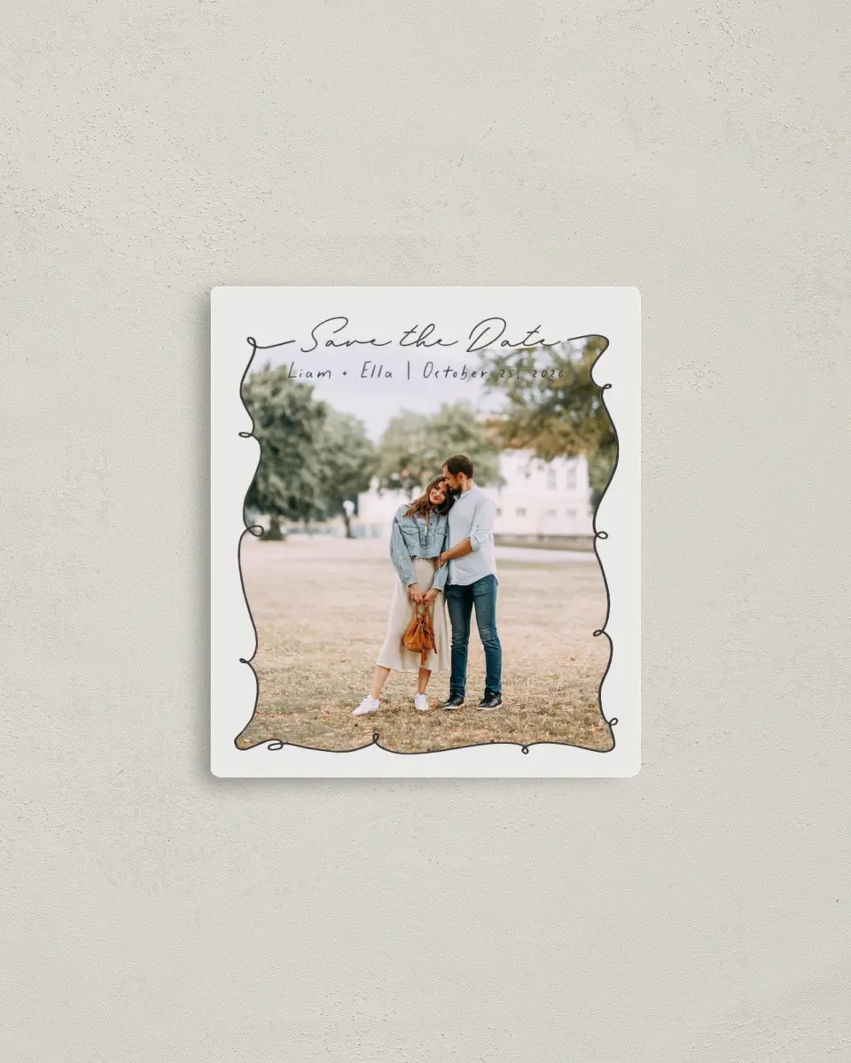 This is a 3½" x 4" Save the Date Magnet called Locket of Love printed in full color with a Luxe Satin finish