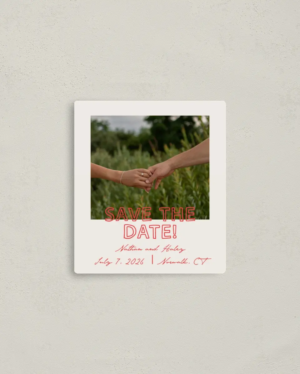 This is a 3½" x 4" Save the Date Magnet called Bold & Bright printed in full color with a Luxe Satin finish