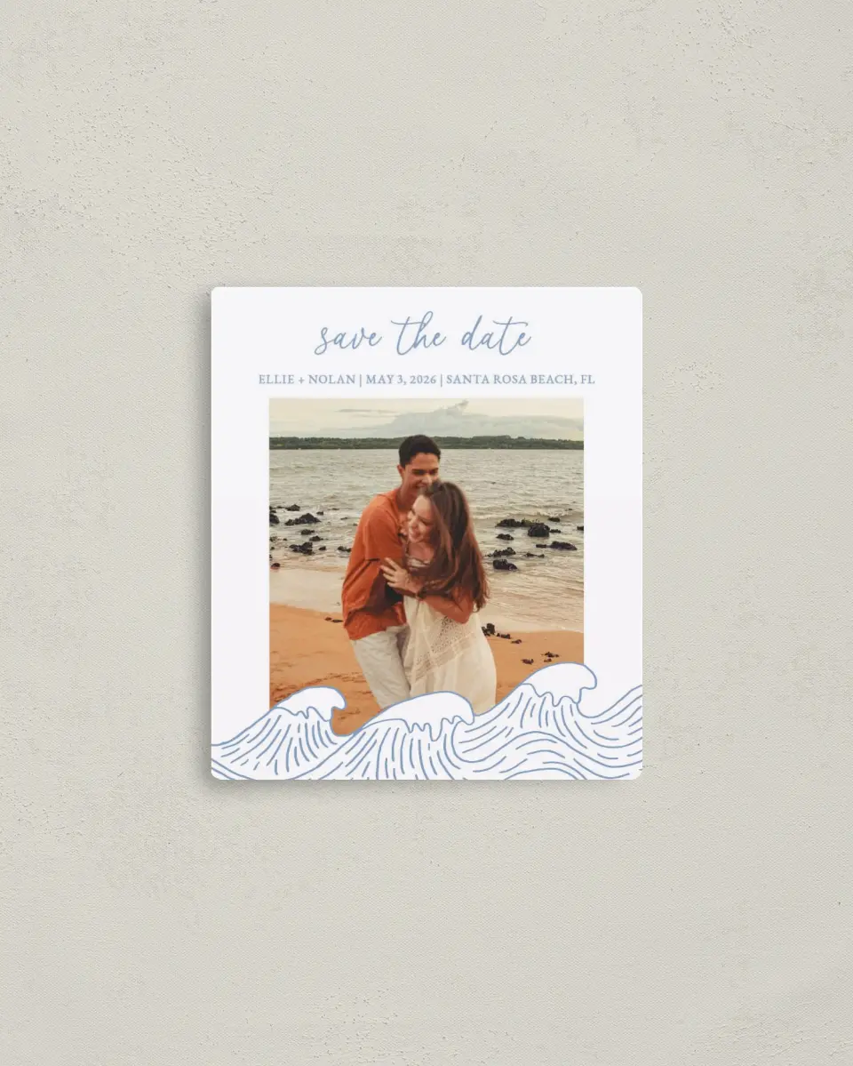 This is a 3½" x 4" Save the Date Magnet called Wave of Love printed in full color with Rose Gold foil and a Luxe Satin finish