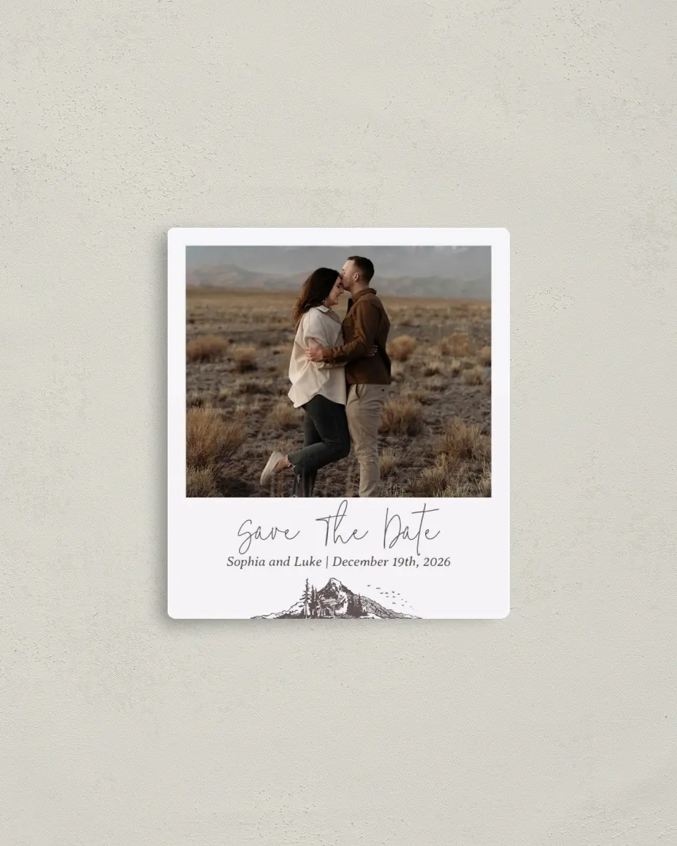 This is a 3½" x 4" Save the Date Magnet called Mountain Bliss printed in full color with a Luxe Satin finish