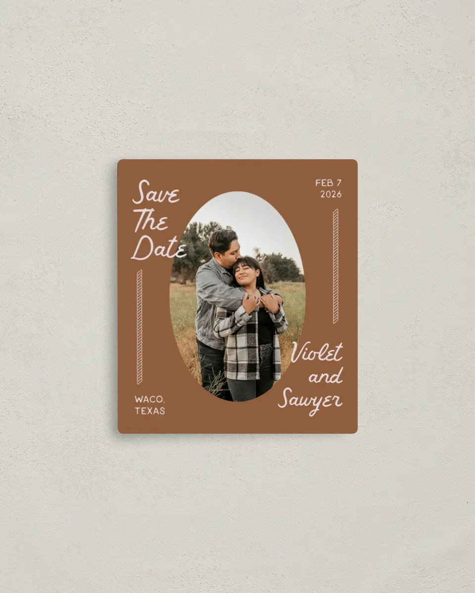 This is a 3½" x 4" Save the Date Magnet called Western Whimsy printed in full color with a Luxe Satin finish