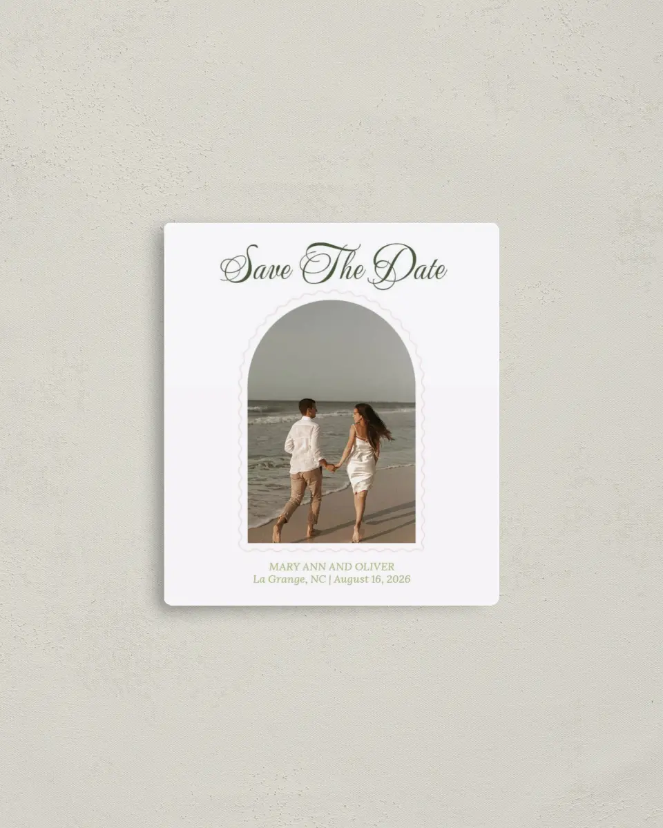 This is a 3½" x 4" Save the Date Magnet called Palm Paradise printed in full color with a Luxe Satin finish