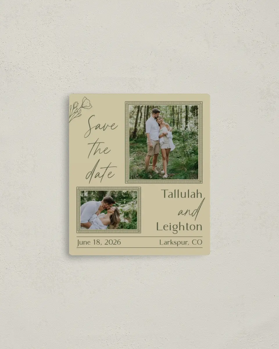 This is a 3½" x 4" Save the Date Magnet called Idyllic Love printed in full color with a Luxe Satin finish