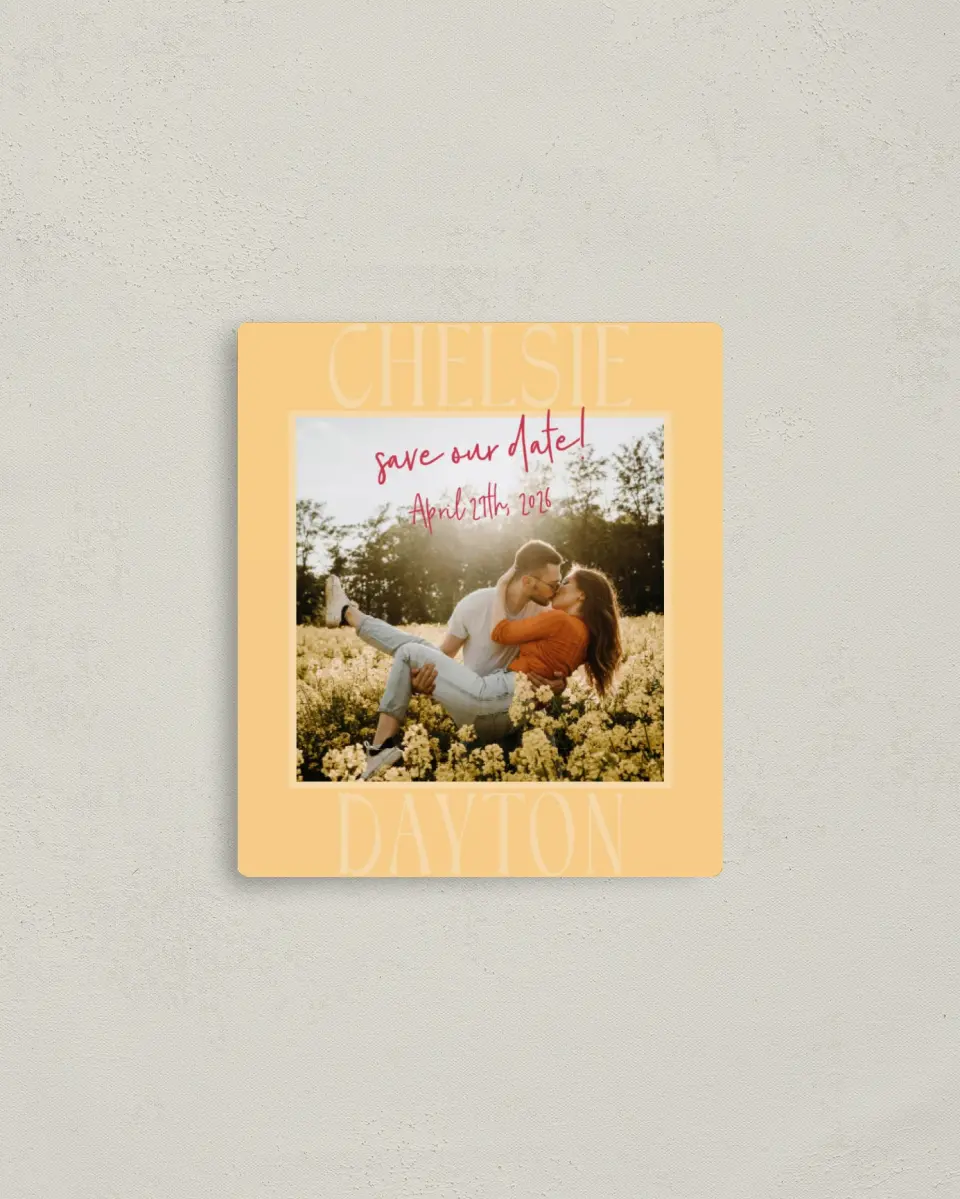 This is a 3½" x 4" Save the Date Magnet called Lovey-Dovey printed in full color with a Luxe Satin finish