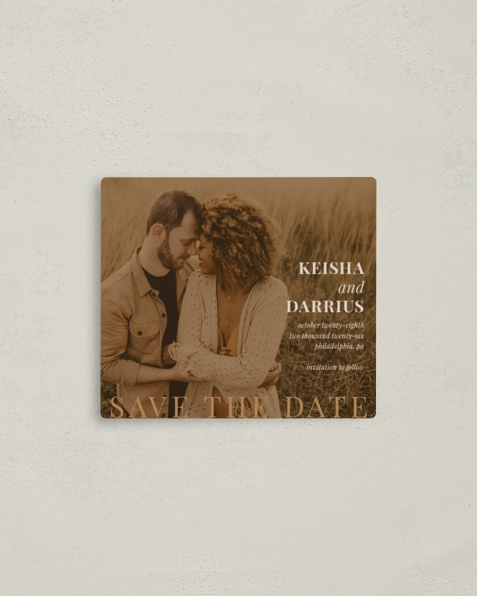 This is a 3½" x 4" Save the Date Magnet called Bold Romance printed in full color with a Luxe Satin finish