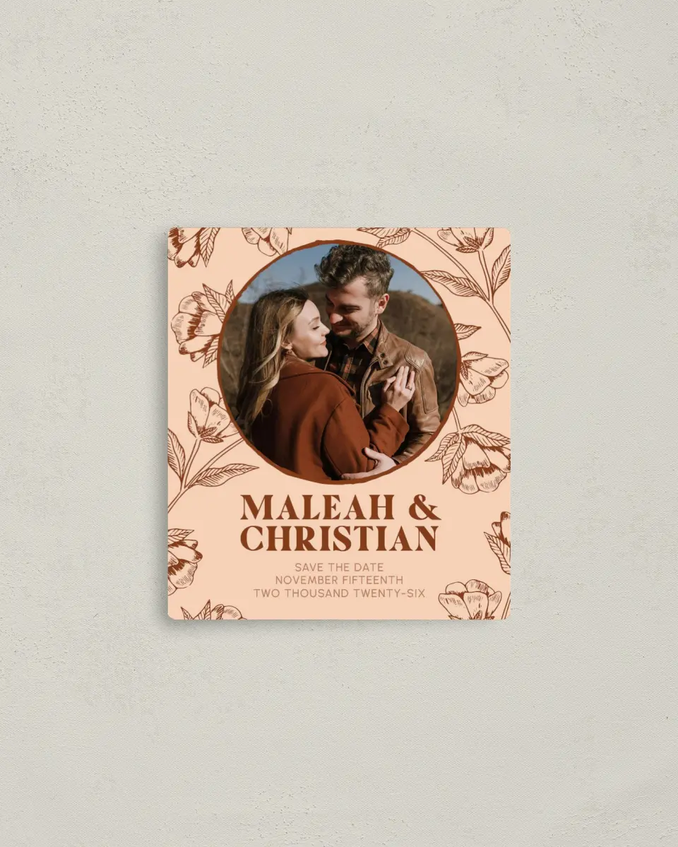 This is a 3½" x 4" Save the Date Magnet called Agrestal printed in full color with a Luxe Satin finish