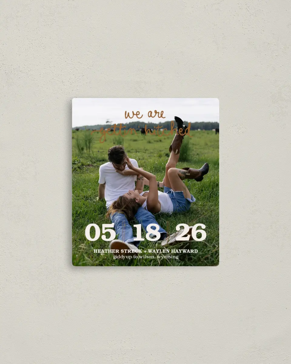 This is a 3½" x 4" Save the Date Magnet called Head Over Boots printed in full color with a Luxe Satin finish