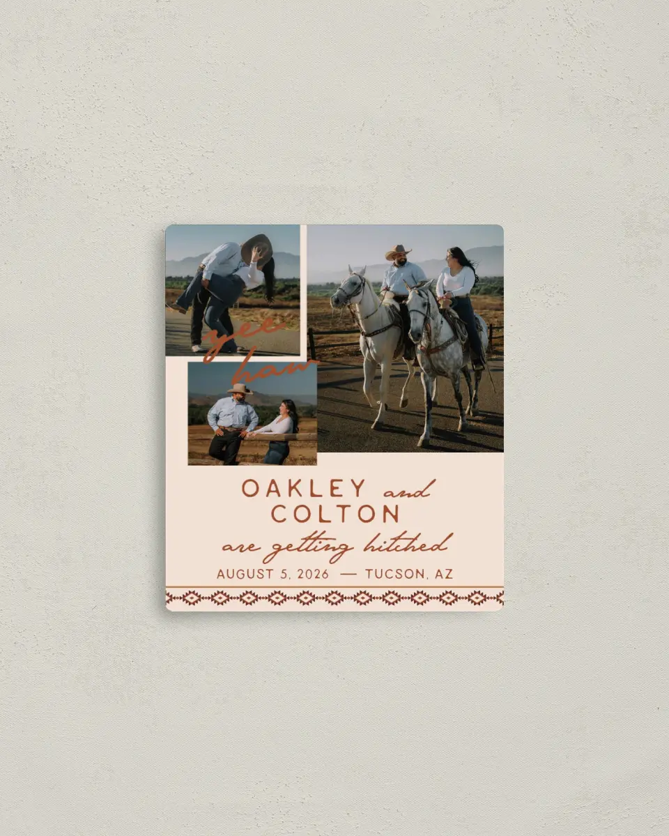 This is a 3½" x 4" Save the Date Magnet called Wild at Heart printed in full color with a Luxe Satin finish