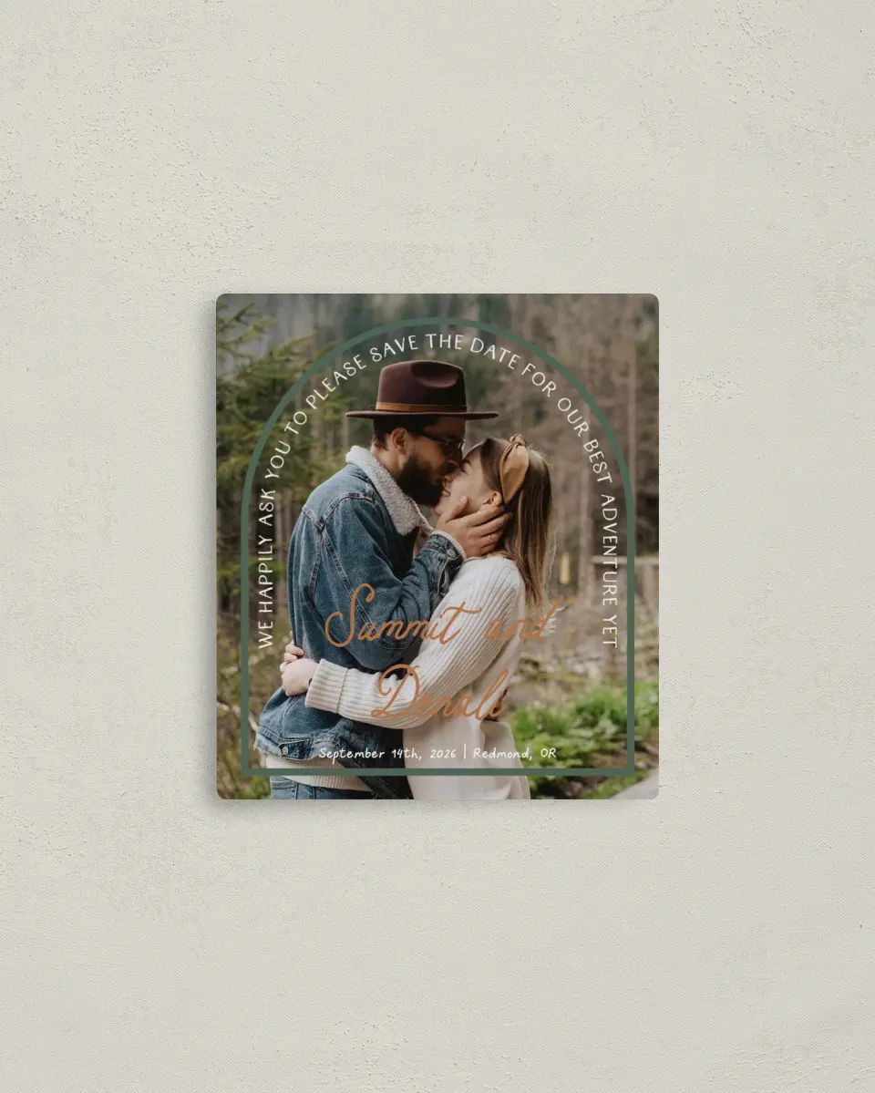 This is a 3½" x 4" Save the Date Magnet called Elevated Adventures printed in full color with a Luxe Satin finish