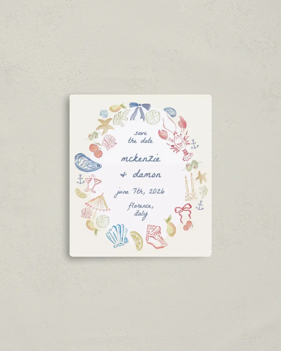 This is a 3½" x 4" Save the Date Magnet called Positano Daydream printed in full color with a Luxe Satin finish