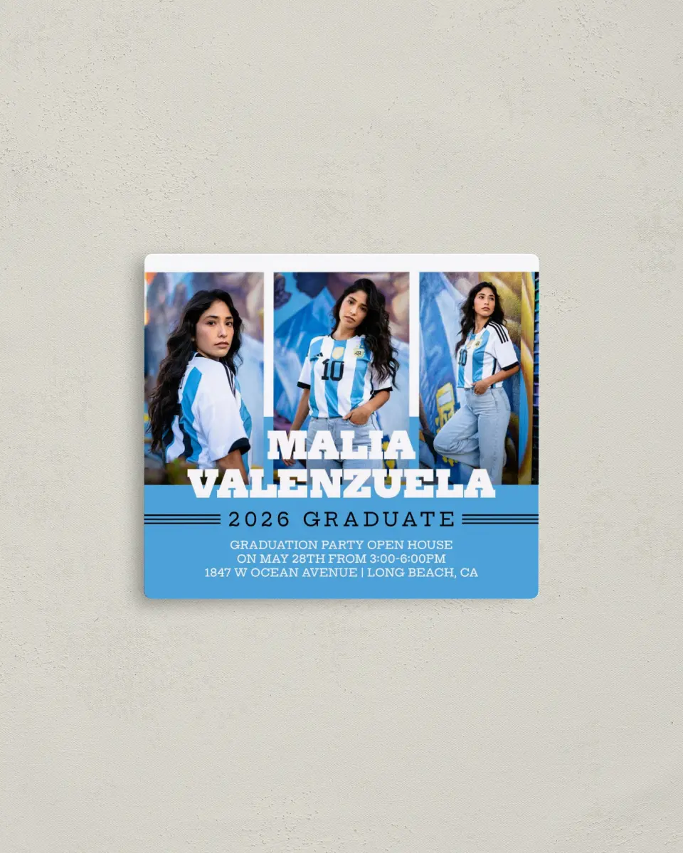 This is a 3½" x 4" Graduation Announcement Magnet called Sporty Spice printed in full color with a Luxe Satin finish