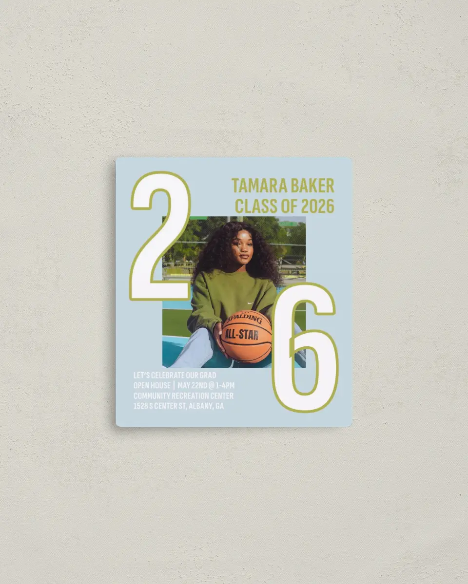 This is a 3½" x 4" Graduation Announcement Magnet called Big Grad Energy printed in full color with a Luxe Satin finish