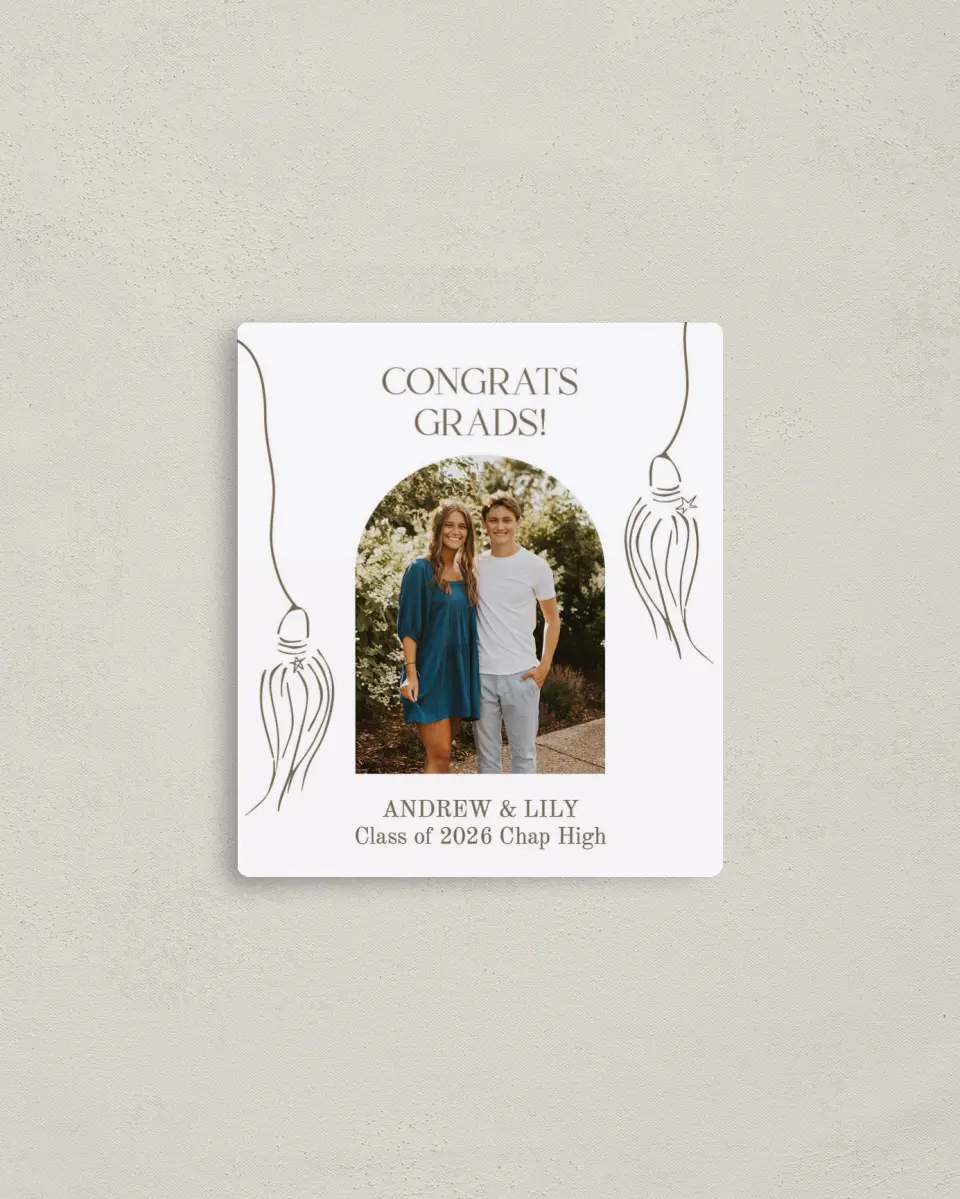 This is a 3½" x 4" Graduation Announcement Magnet called Cap and Gown printed in full color with a Luxe Satin finish