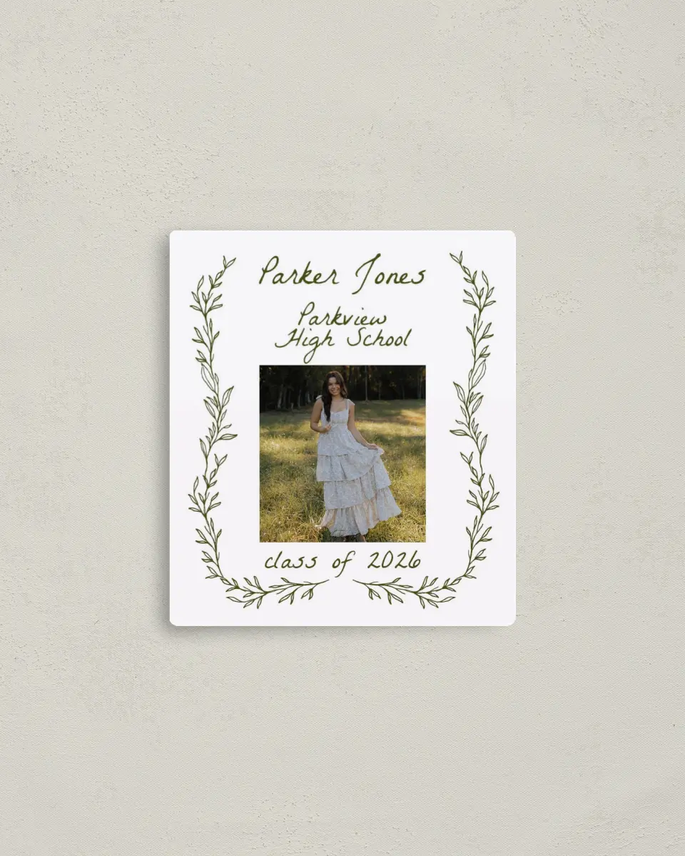 This is a 3½" x 4" Graduation Announcement Magnet called Flourish & Thrive printed in full color with a Luxe Satin finish